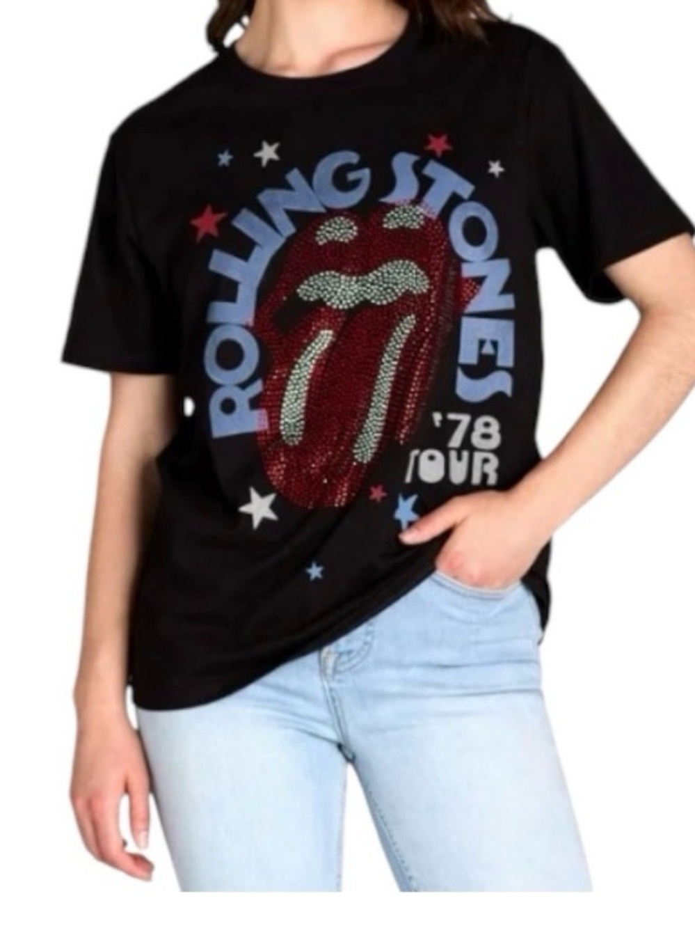 the Rolling Stones Black Tee with Red Rhinestone Tongue and Blue Lettering